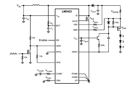 lm3423全特性应用电路图:带高速pwm调光,故障保护和输入断开开关图6.