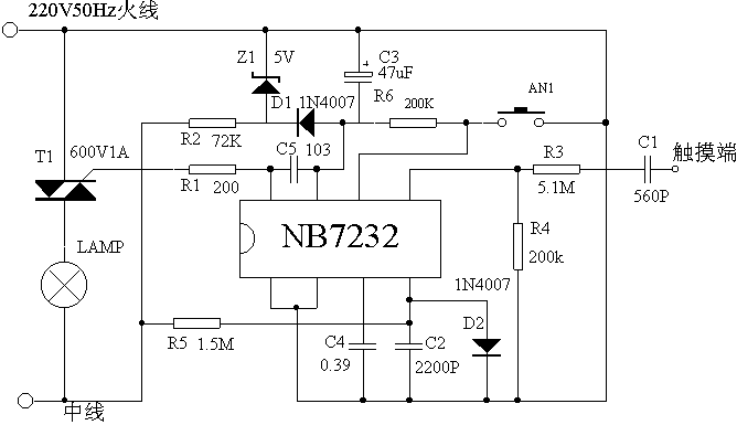 双向可控硅scr可根据负载功率大小选择97a6(约1a),tlc336a(约3a),bt