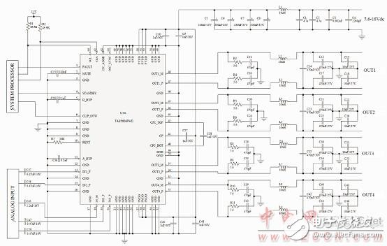 TI TAS5404－Q1 26W汽车四路D类放大器参考设计