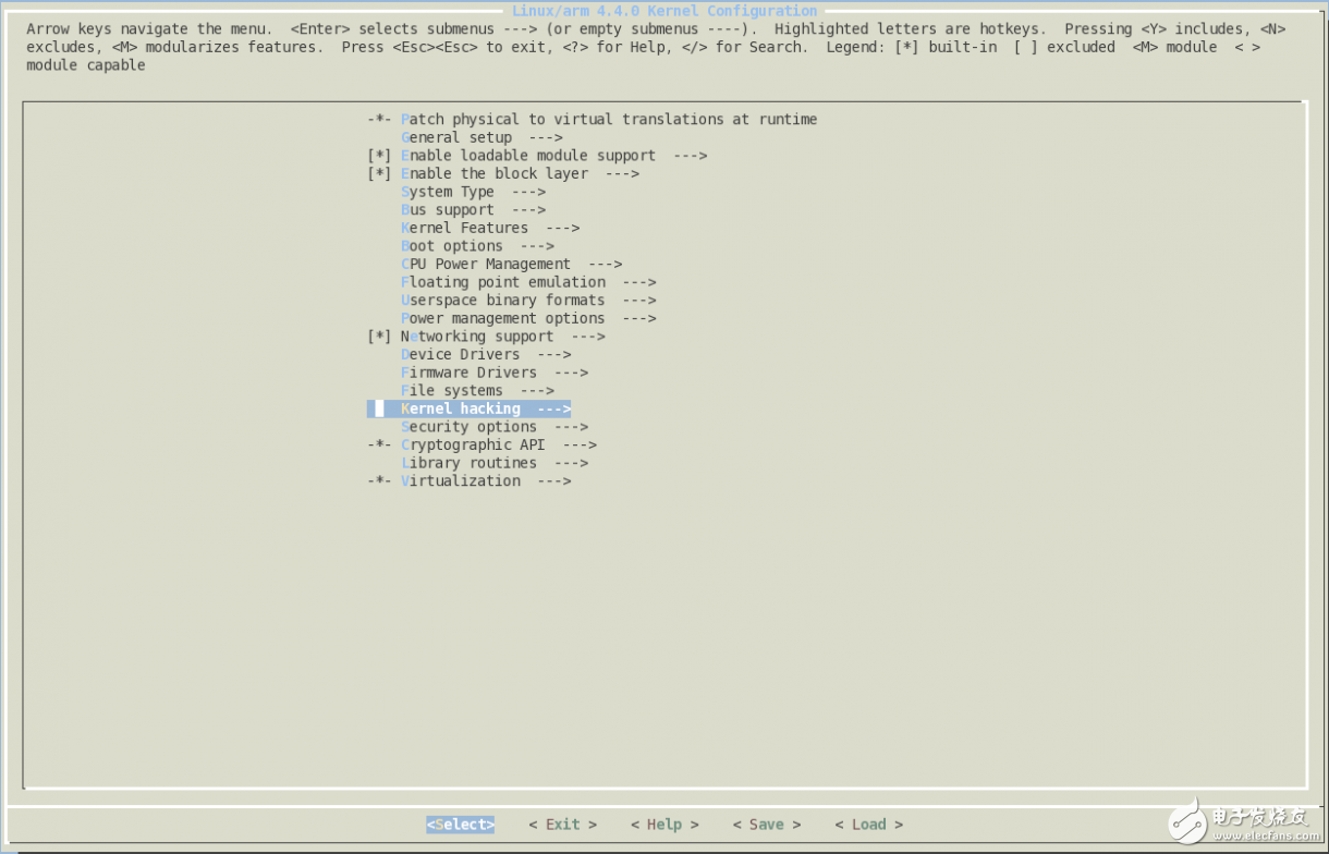 图5选中 Kernel Hacking 项的内核配置面板