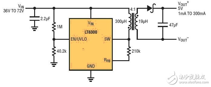  采用 5 引脚 TSOT-23 封装的 100V 微功率 No-Opto 隔离反激式转换器