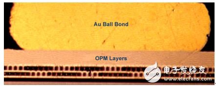 图8. 195°C下6000小时后OPM垫上的金球焊。