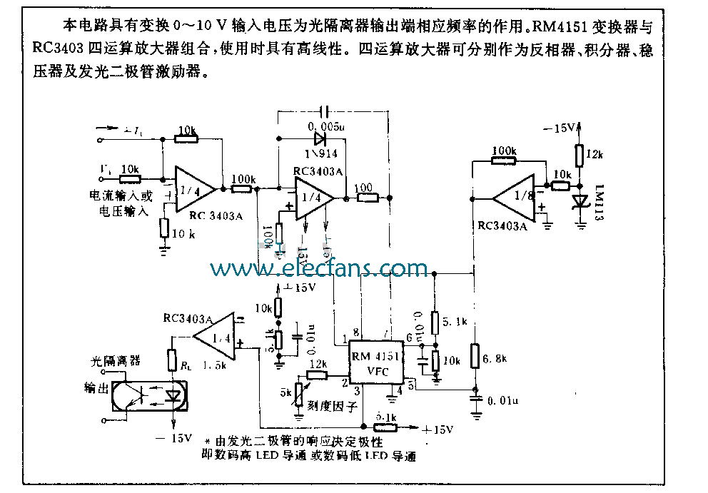 由RM4151变换器与RC3403四运算放大器组成的光电隔离