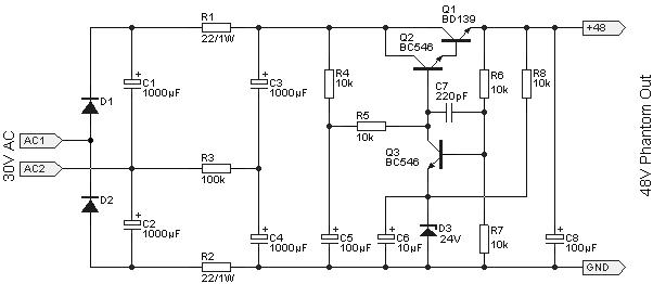 48v幻象电源电子滤波电路图