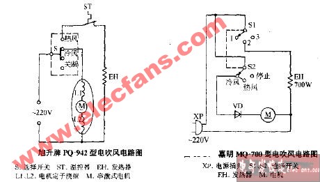 旭升牌PQ-942型电吹风电路图