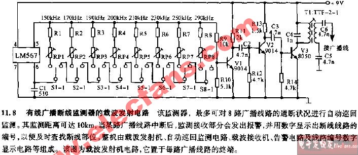 有线广播断线临测器的栽波发射电路图