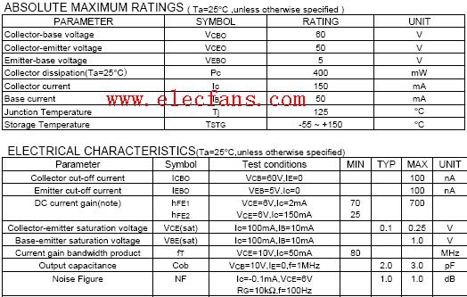 1815三极管引脚图 文章来源:http://www.elecfans.com