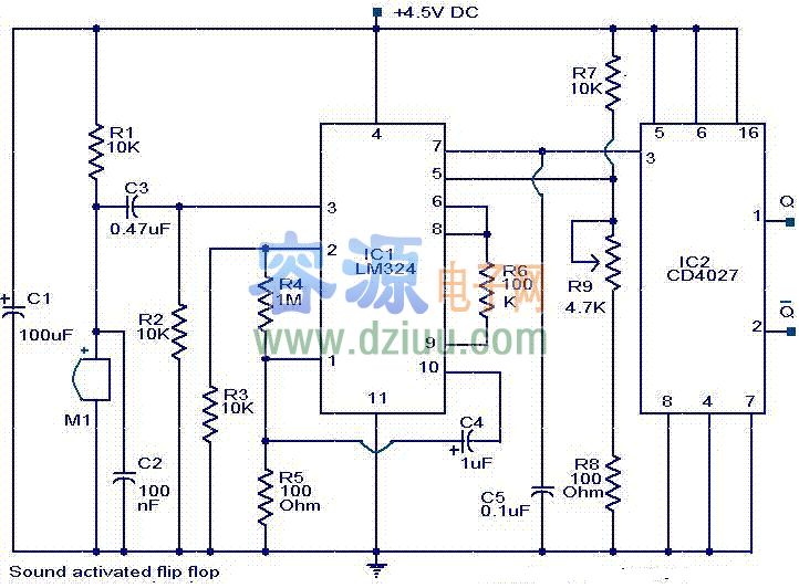 LM324和CD4027构成的声音操作触发器电路