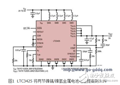 图1 LTC3425将两节镍镉/镍氢金属电池电压提高到3.3V