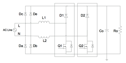 The architecture of a typical semi-bridgeless PFC circuit