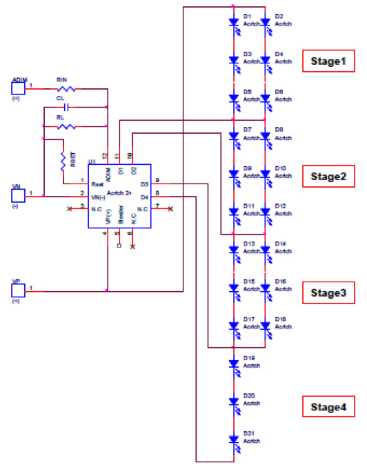 Diagram of 21 MJT LED emitters arranged in four stages