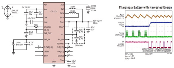 Using the LTC3331 from Linear Technology to harvest energy from solar or piezoelectric sources and charging a battery while a wearable system is in sleep mode