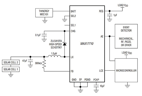 Interfacing a low voltage energy harvesting source such as solar cells to the Maxim MAX17710 power management