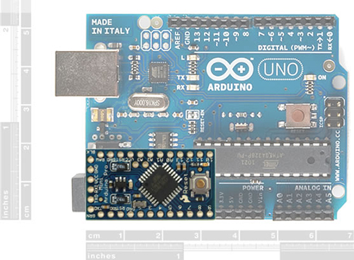 Image of Arduino Pro Mini and Arduino Uno size comparison