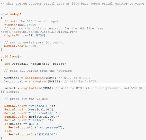 用于从 SparkFun 操纵杆读取值的示例 Arduino 代码的图片