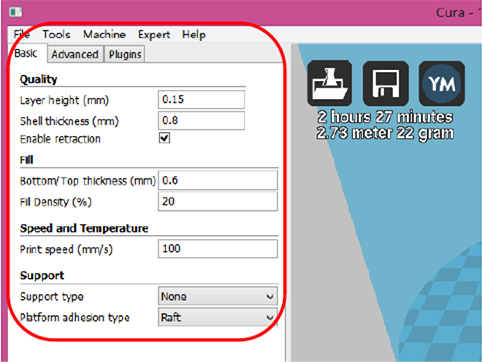 Image of Cura guides the user through basic and advanced settings