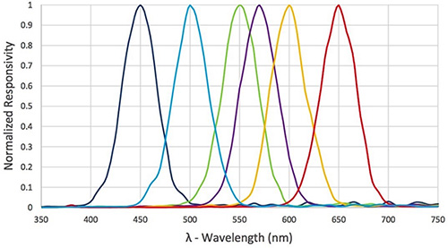 Graph of spectral responsivity across the ams AS7262’s visible wavelengths