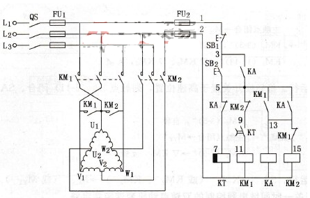 时间继电器控制双速电动机自动加速控制电路