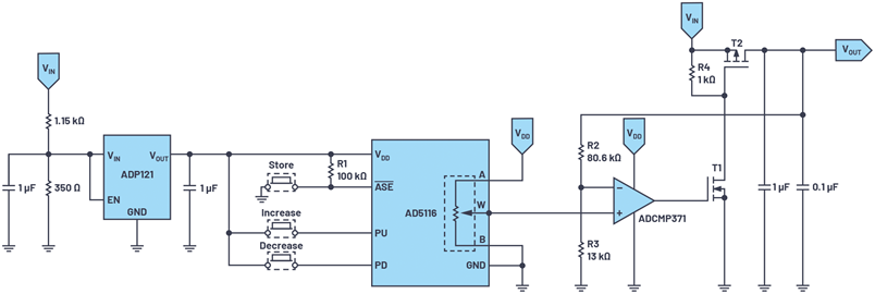 Figure 1. A push-button-controlled high voltage switching regulator with variable output.