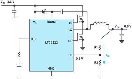 Figure 1. An LTC3822 dc-to-dc converter for generating low output voltages of 0.6 V or higher.