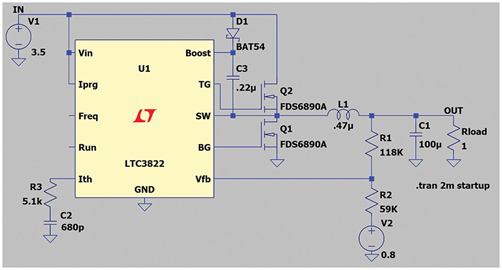 Figure 3. A simulation tool such as LTspice® from Analog Devices can be used for initial testing of the circuit.