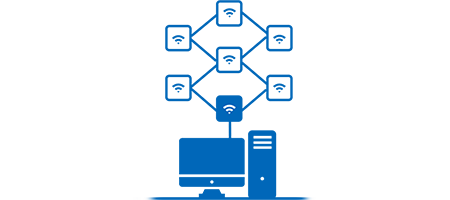 Blue icon of a desktop computer with a network of wifi symbols above it