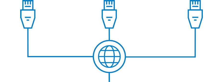 Blue globe icon with ethernet cables on either side and on top